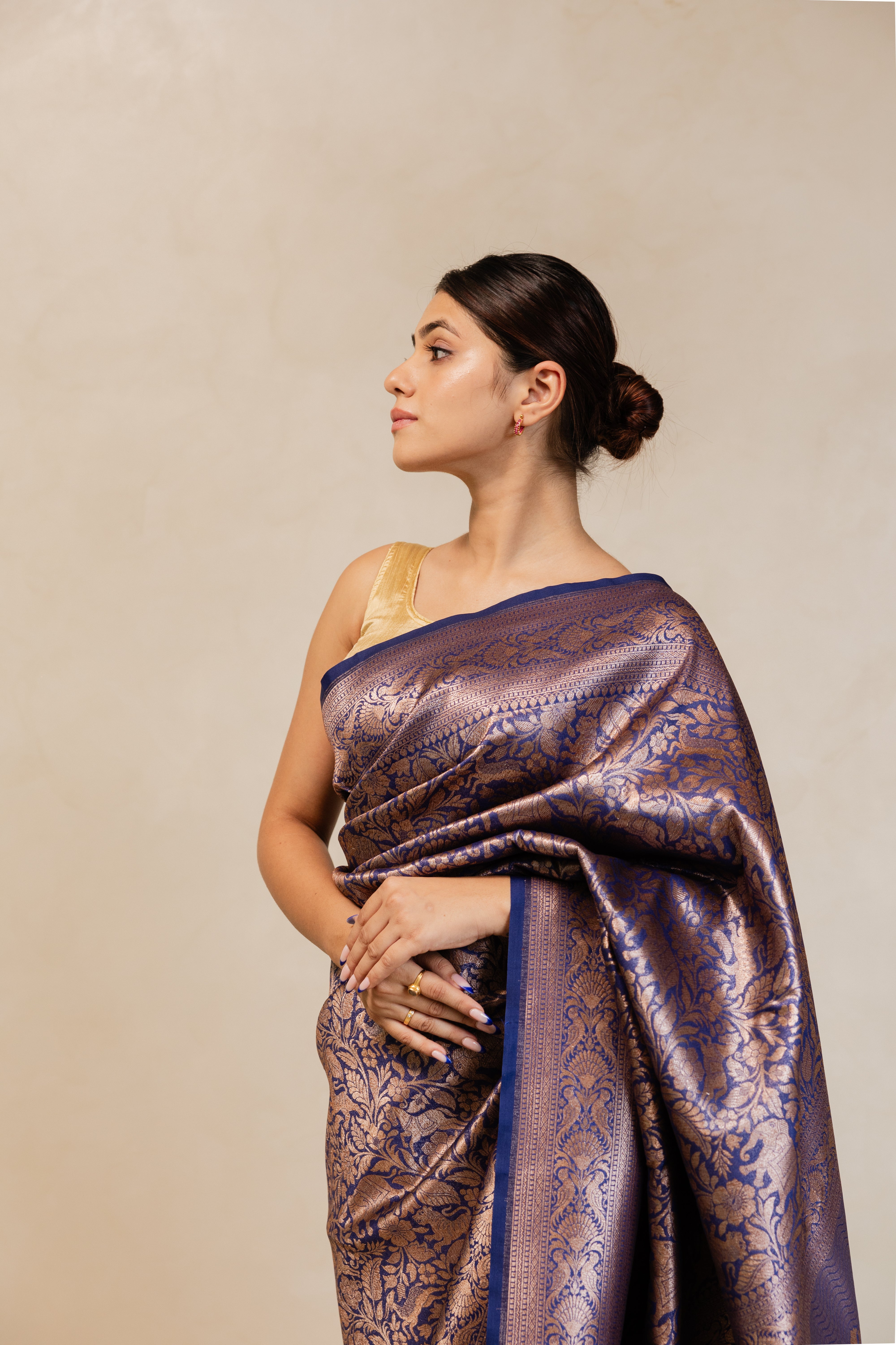 Blue Shikargah Katan Silk Jaal Saree