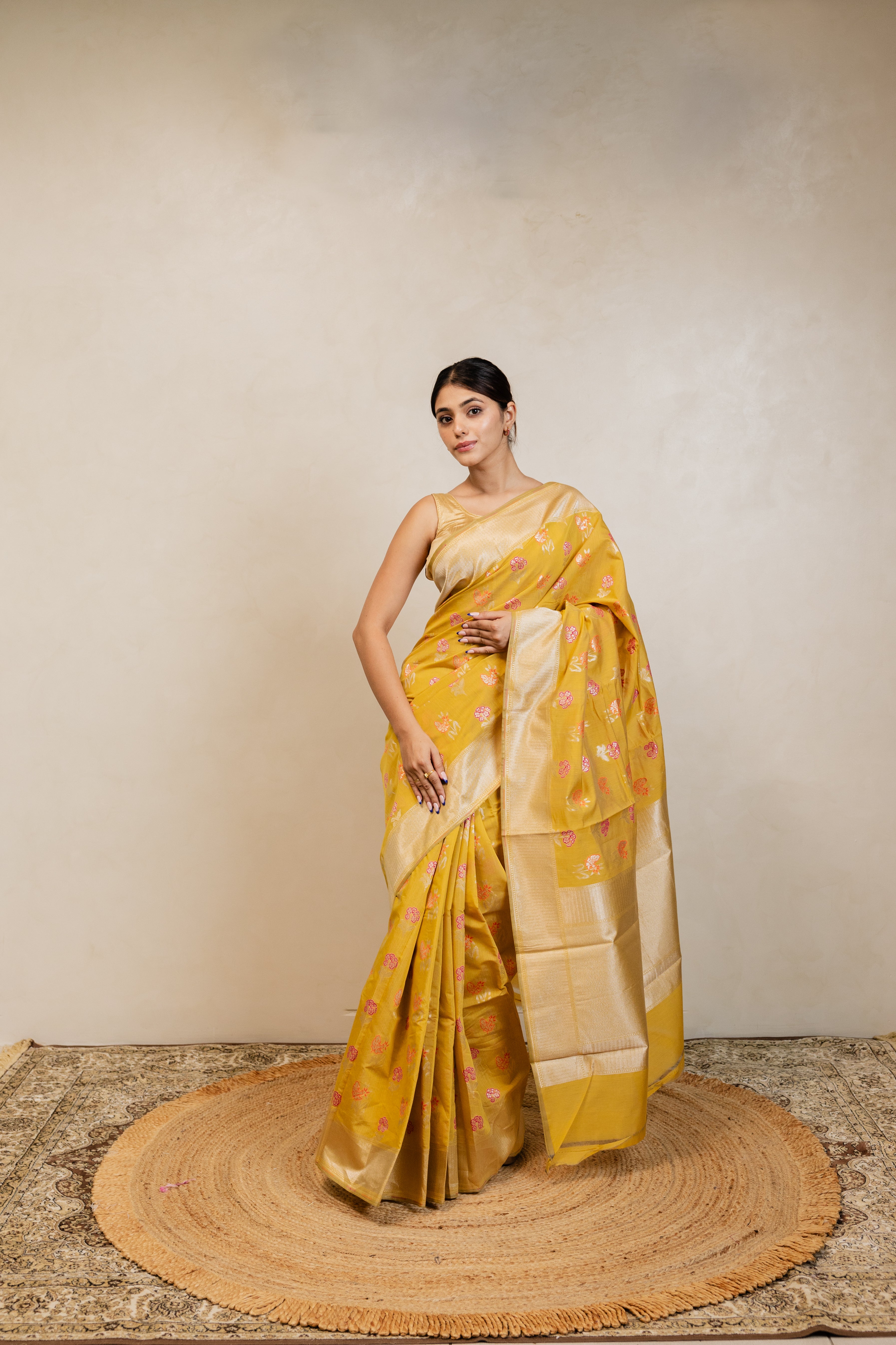 Cotton Jamdani Flower Booti Mustard Handloom Saree