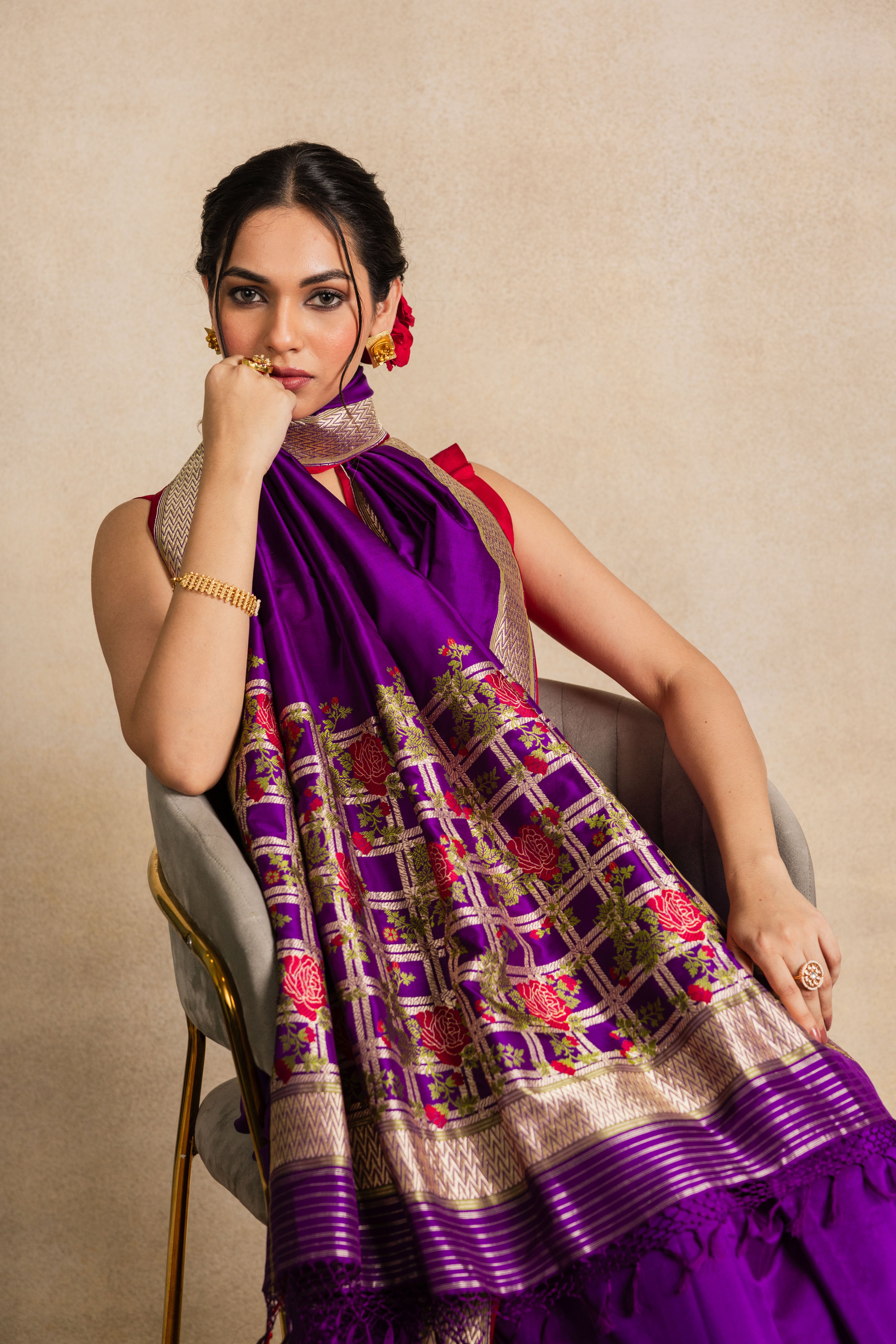 Purple Rose Jaal Aachal Katan Silk Saree