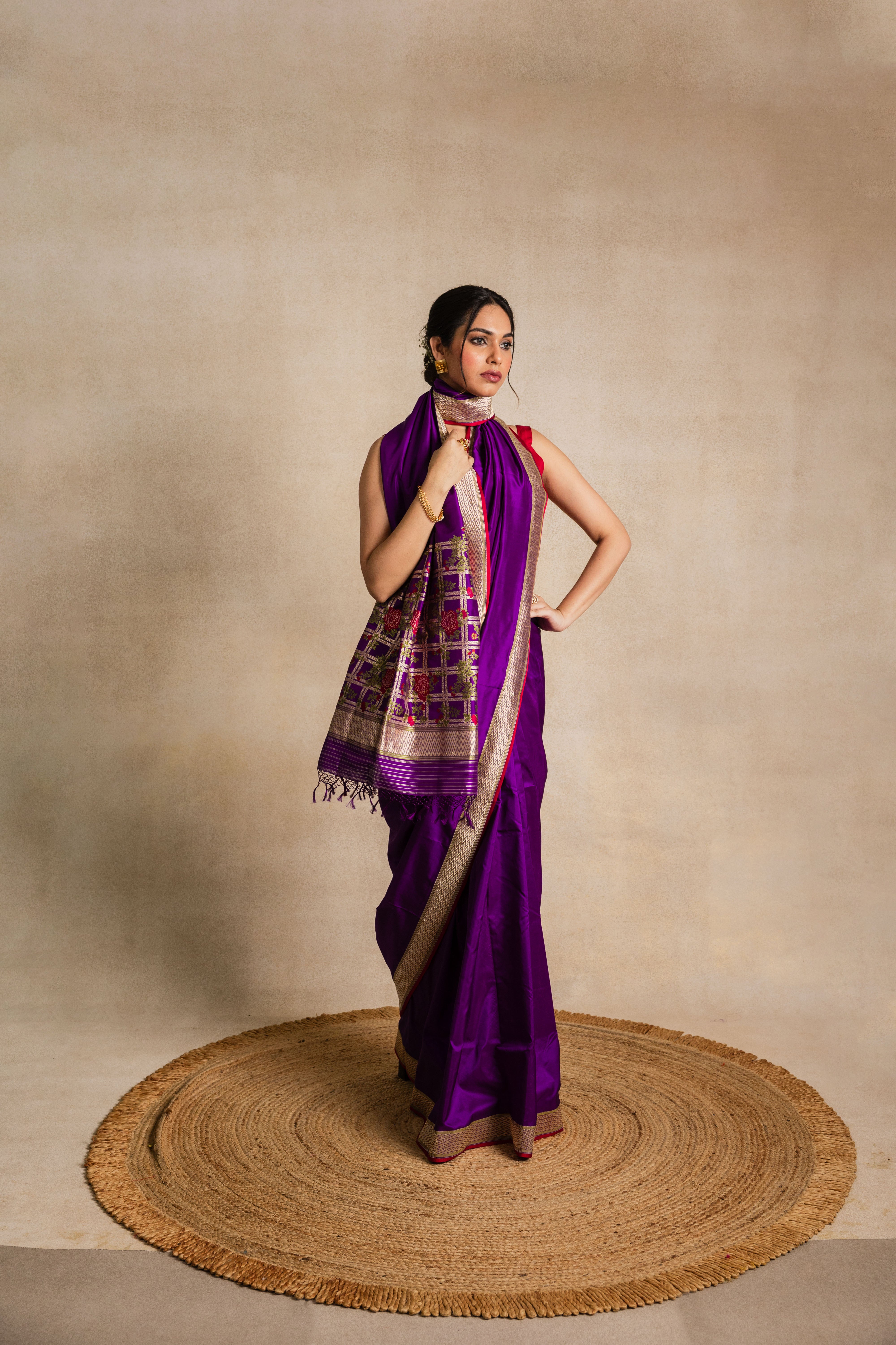 Purple Rose Jaal Aachal Katan Silk Saree