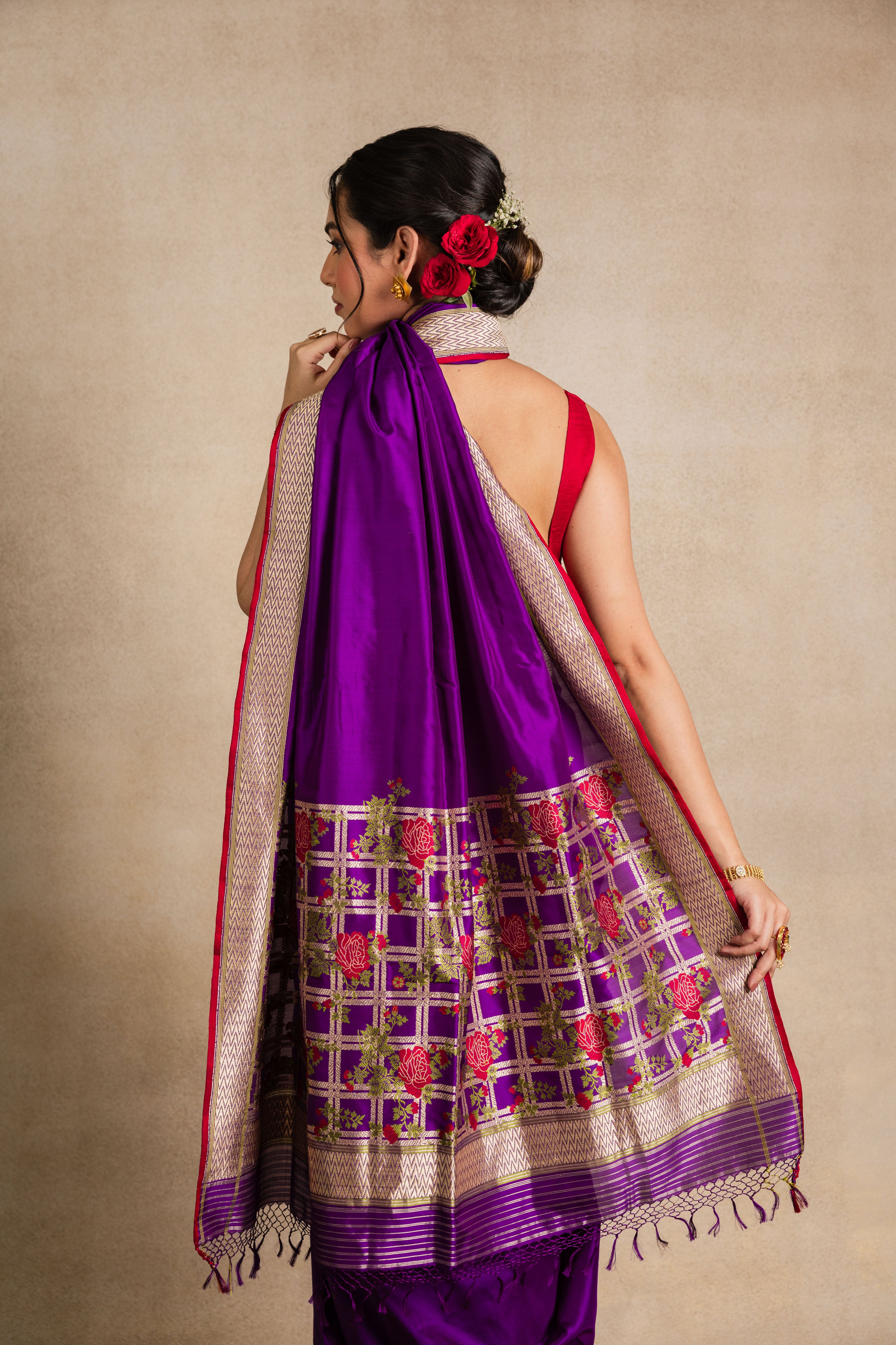 Purple Rose Jaal Aachal Katan Silk Saree