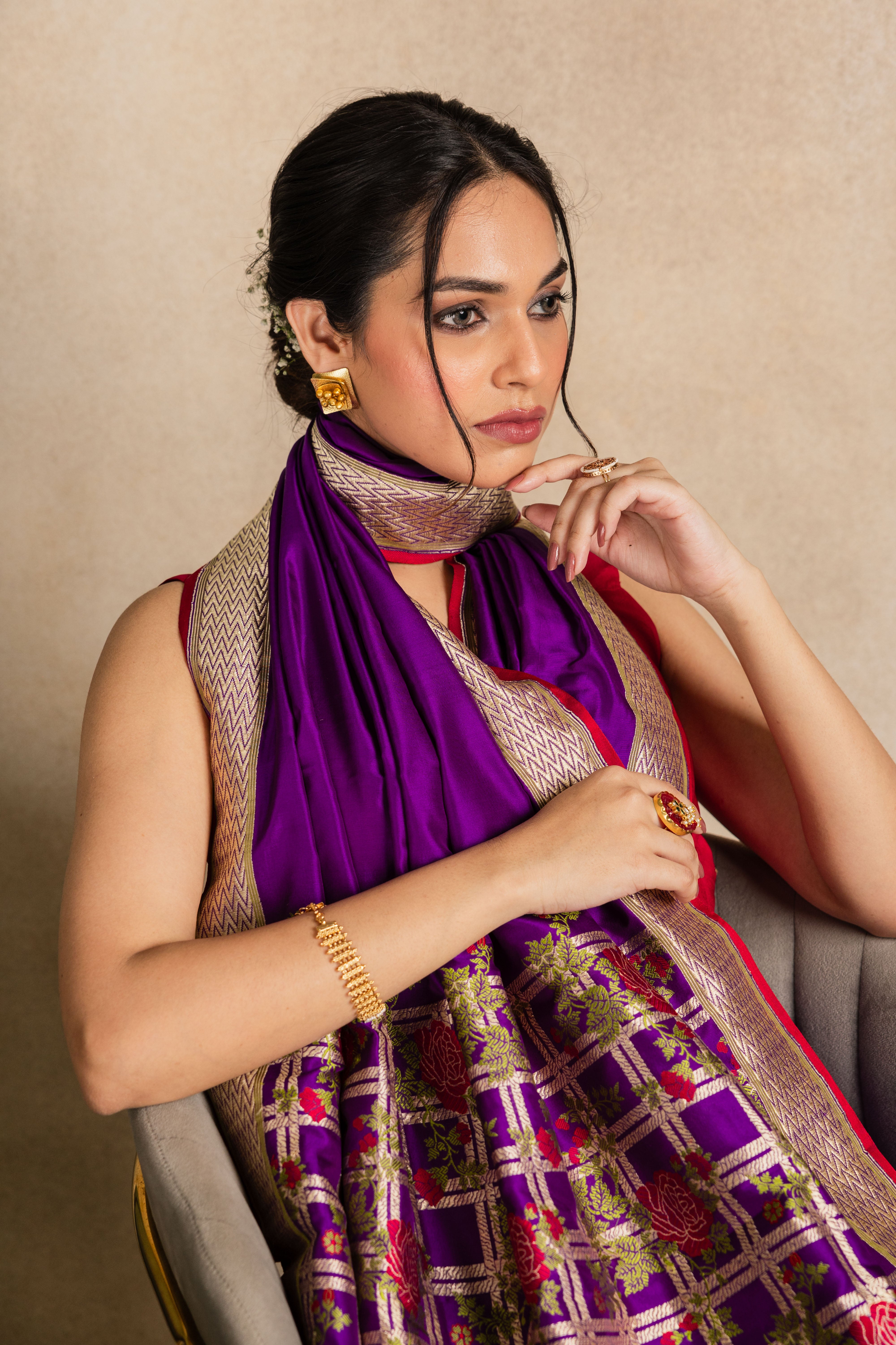 Purple Rose Jaal Aachal Katan Silk Saree