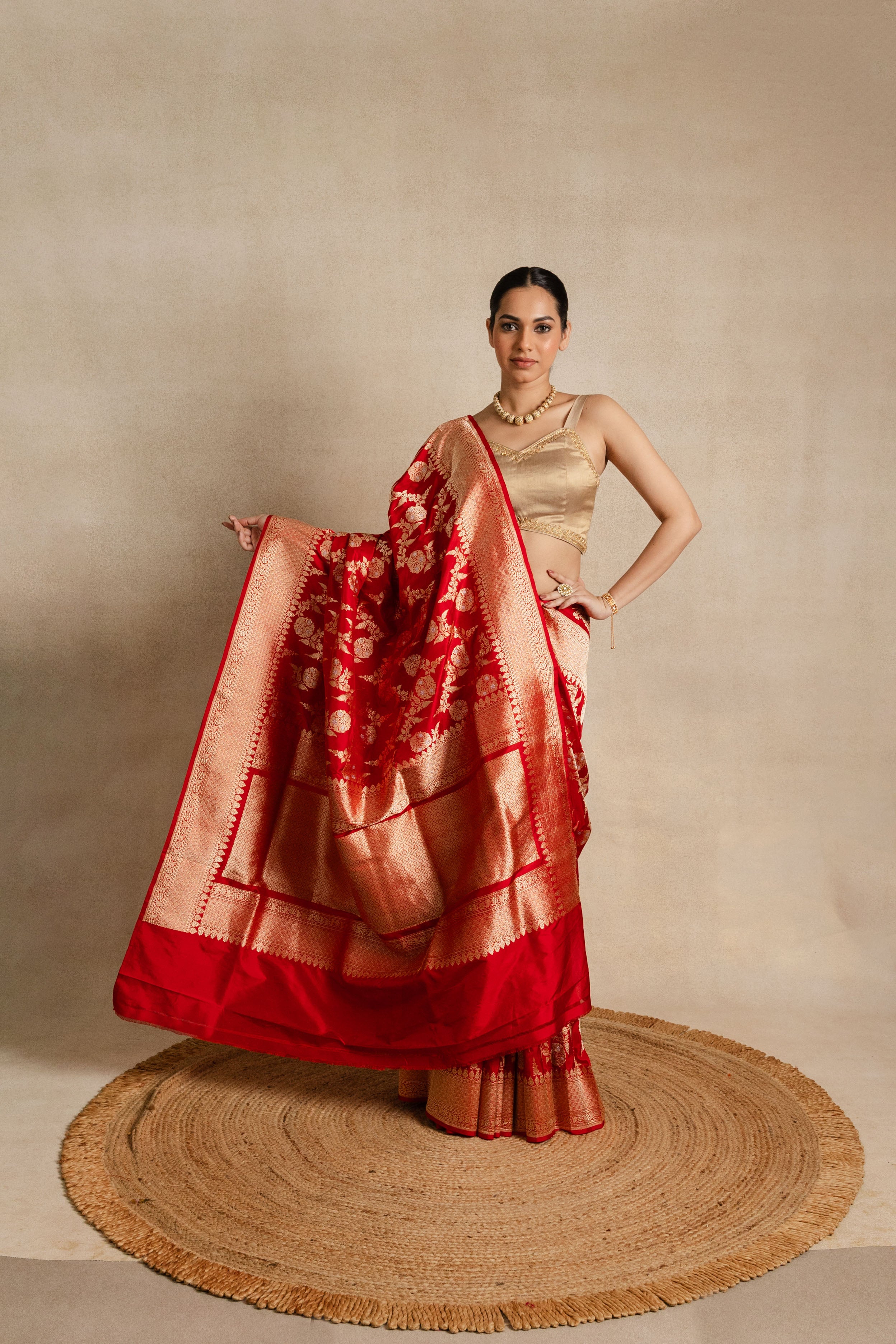 Red Meenakari Katan Silk Jaal Saree