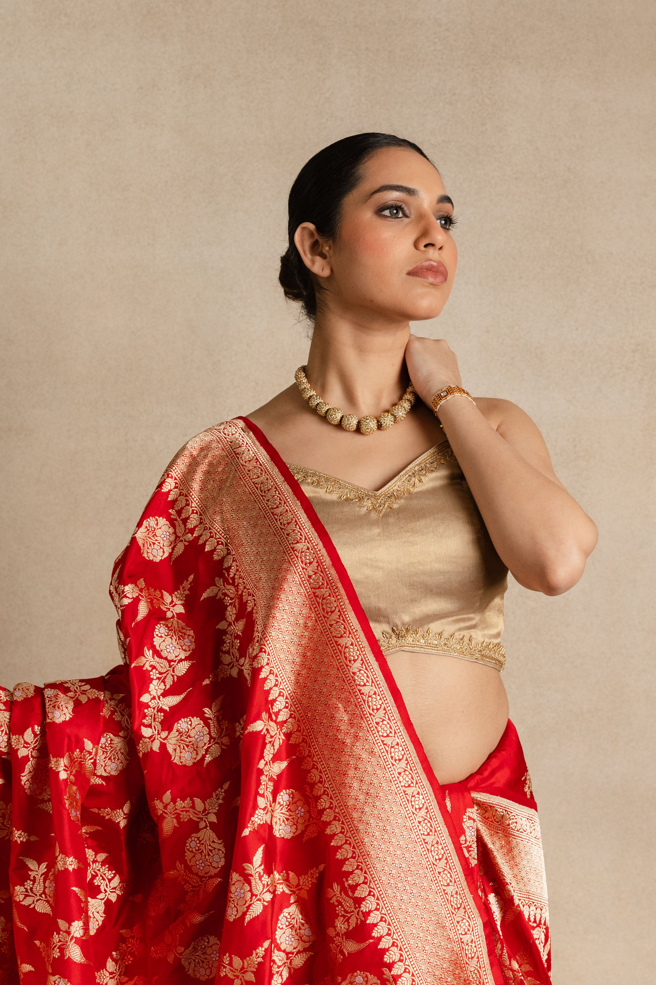 Red Meenakari Katan Silk Jaal Saree