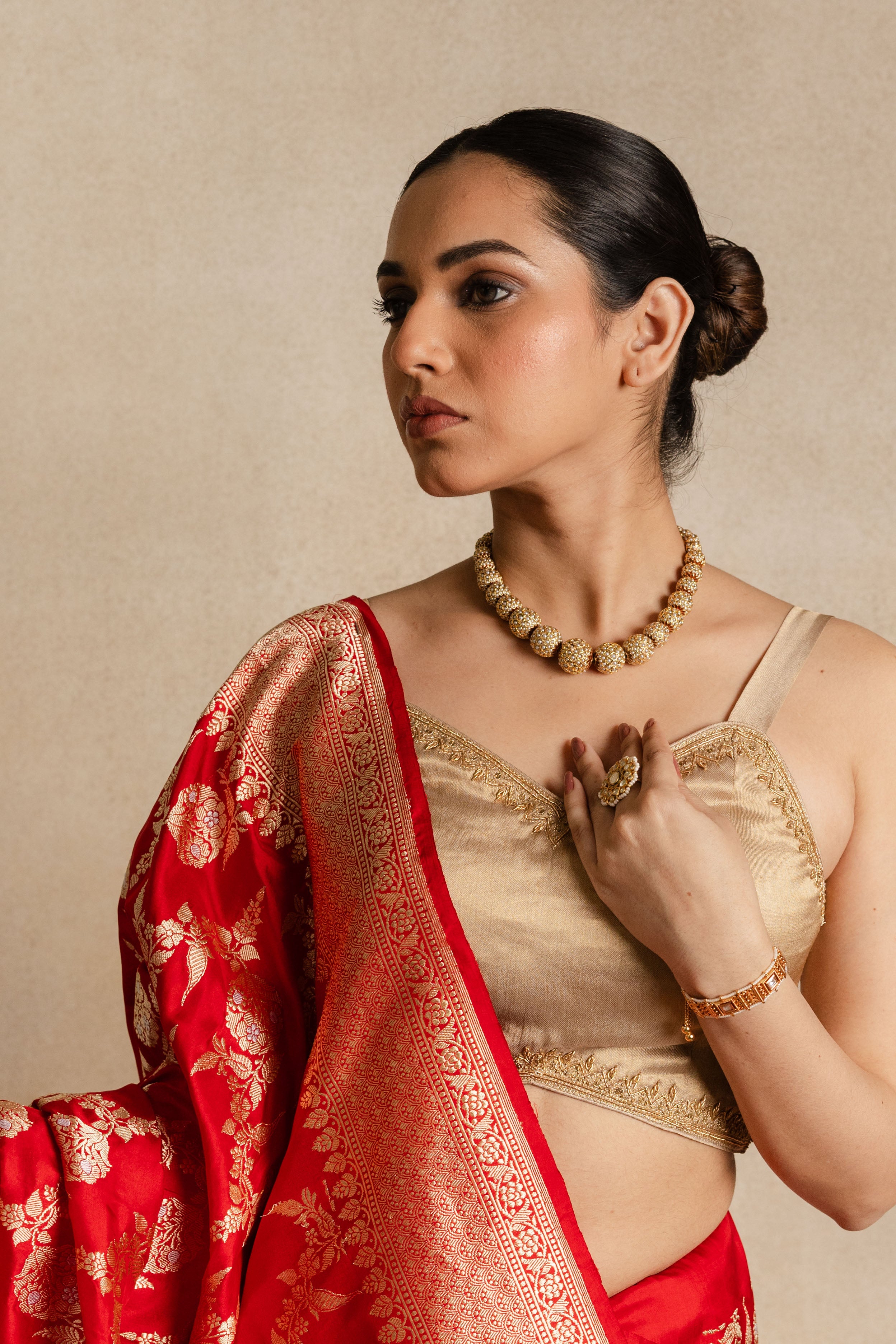 Red Meenakari Katan Silk Jaal Saree