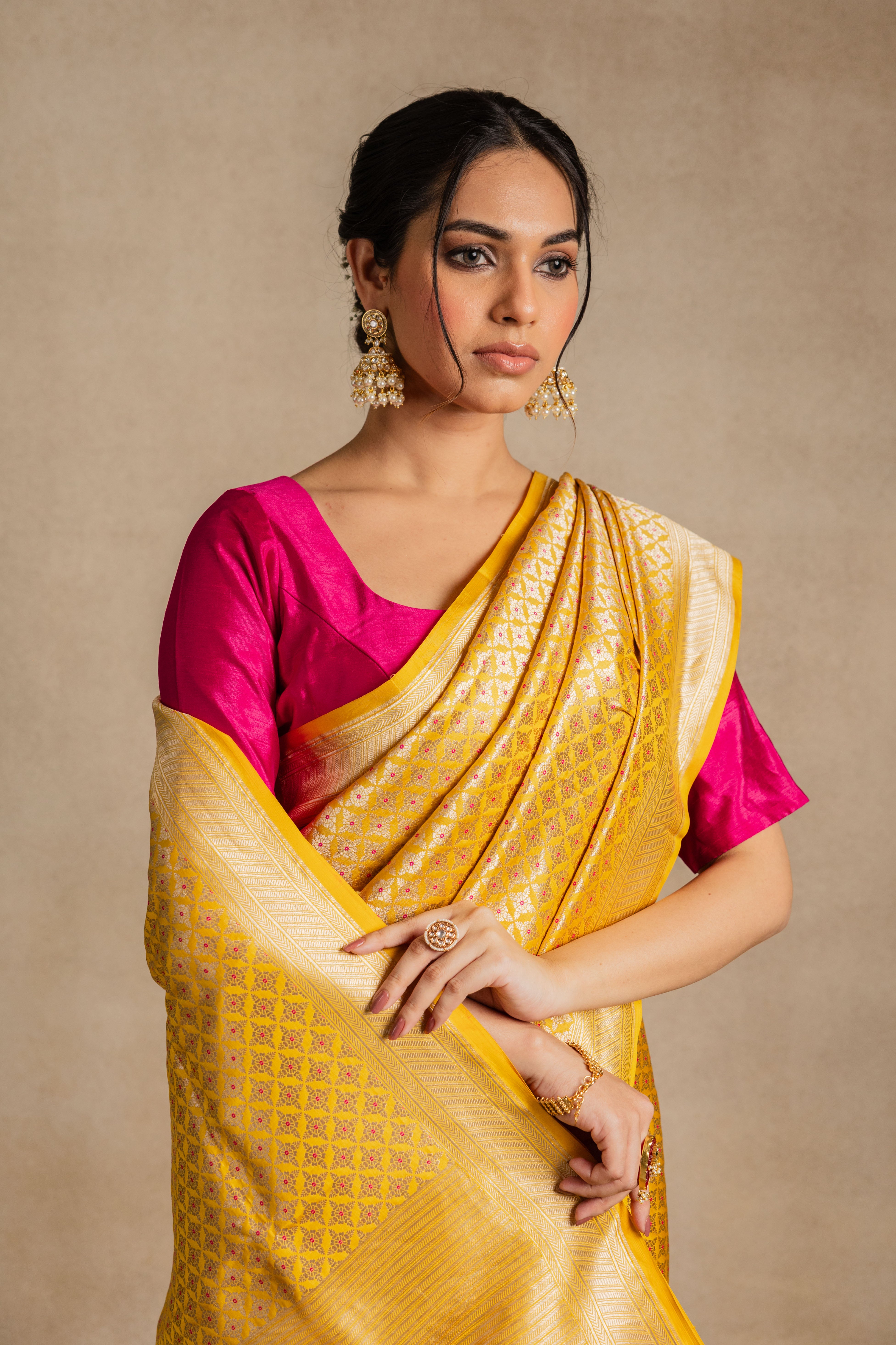 Yellow Pink Meena Booti Katan Silk Saree