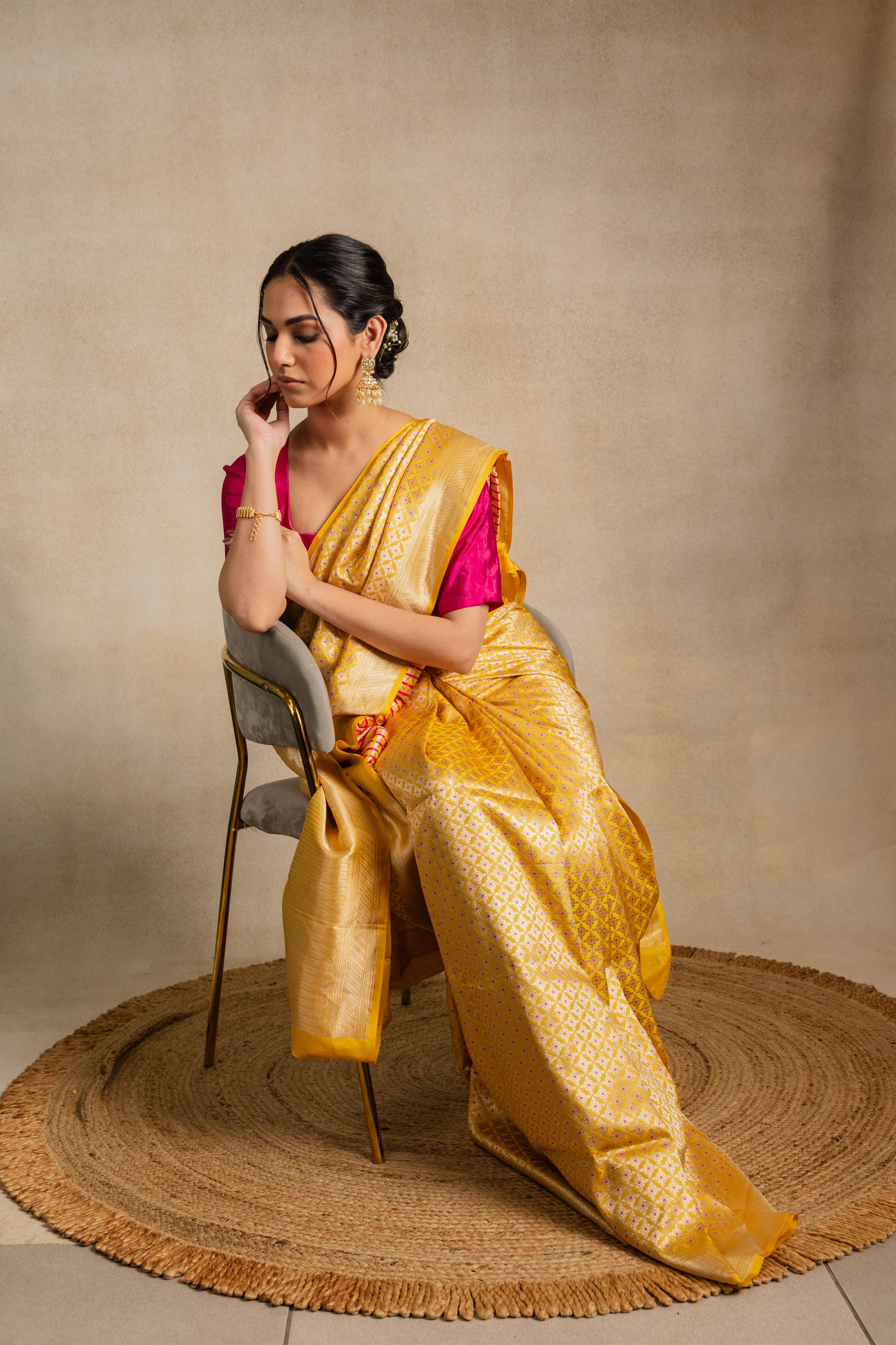 Yellow Pink Meena Booti Katan Silk Saree