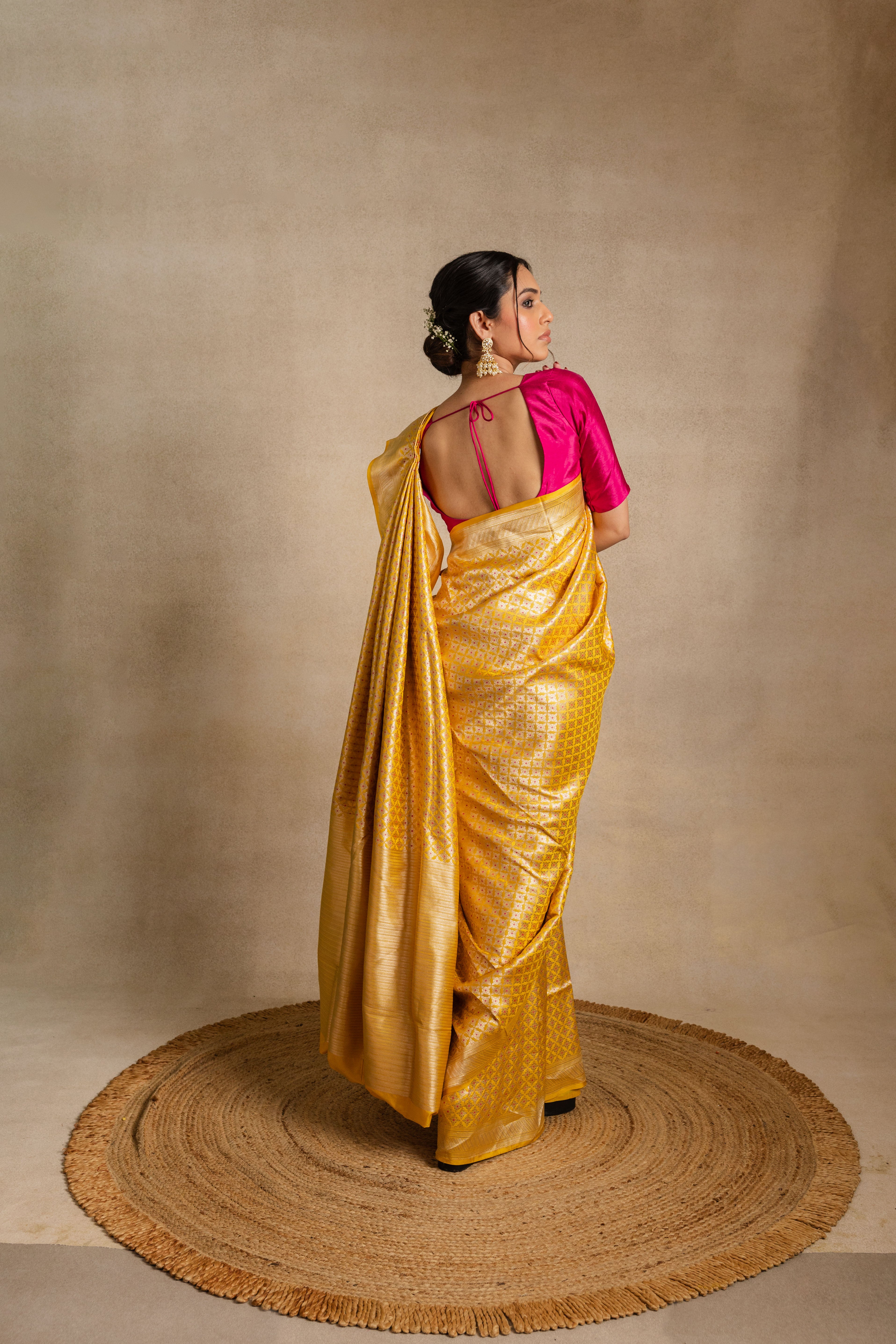 Yellow Pink Meena Booti Katan Silk Saree