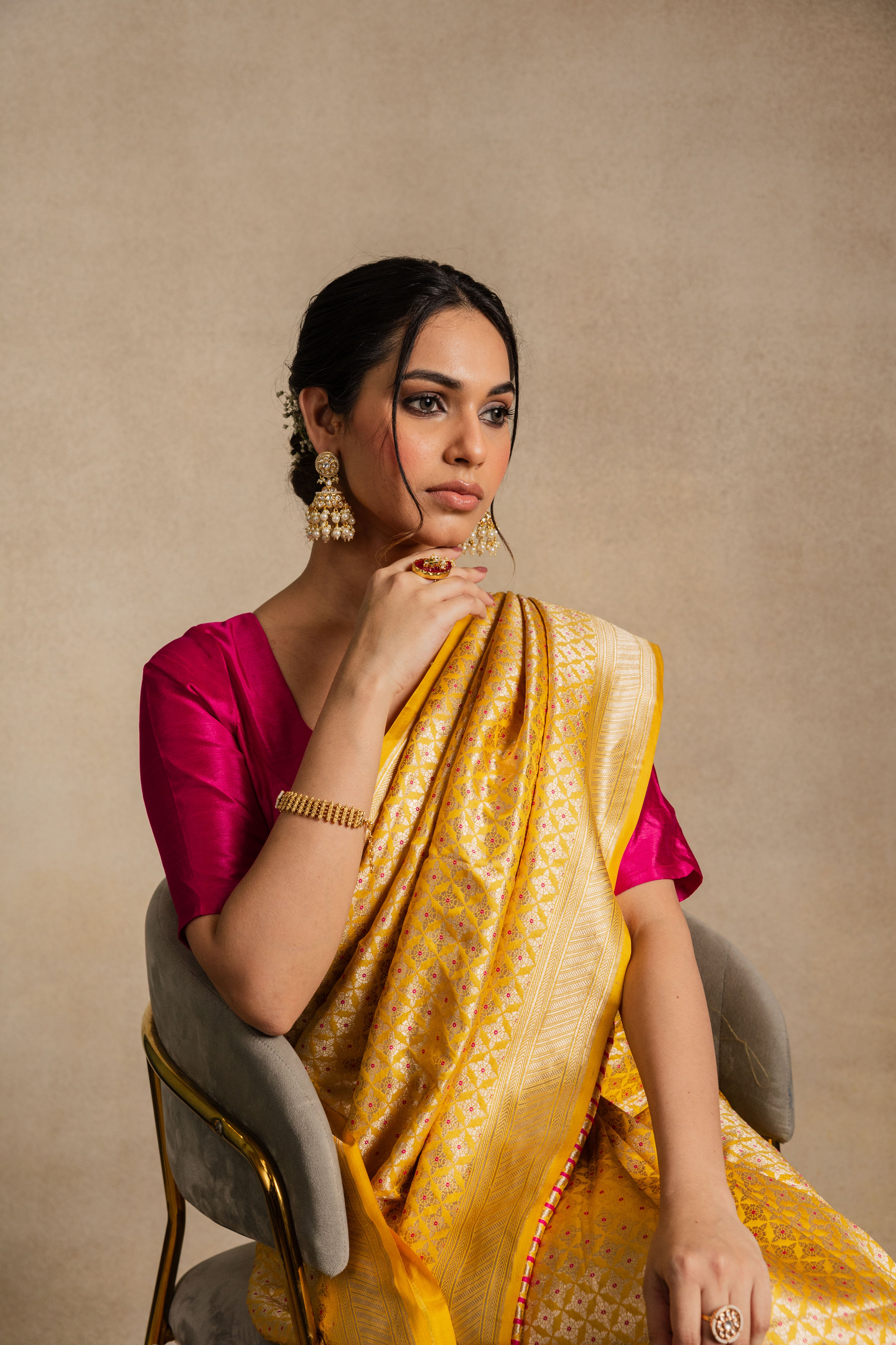 Yellow Pink Meena Booti Katan Silk Saree