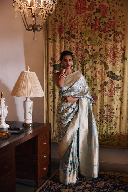 Grey Meenakari Katan Silk Jaal Saree