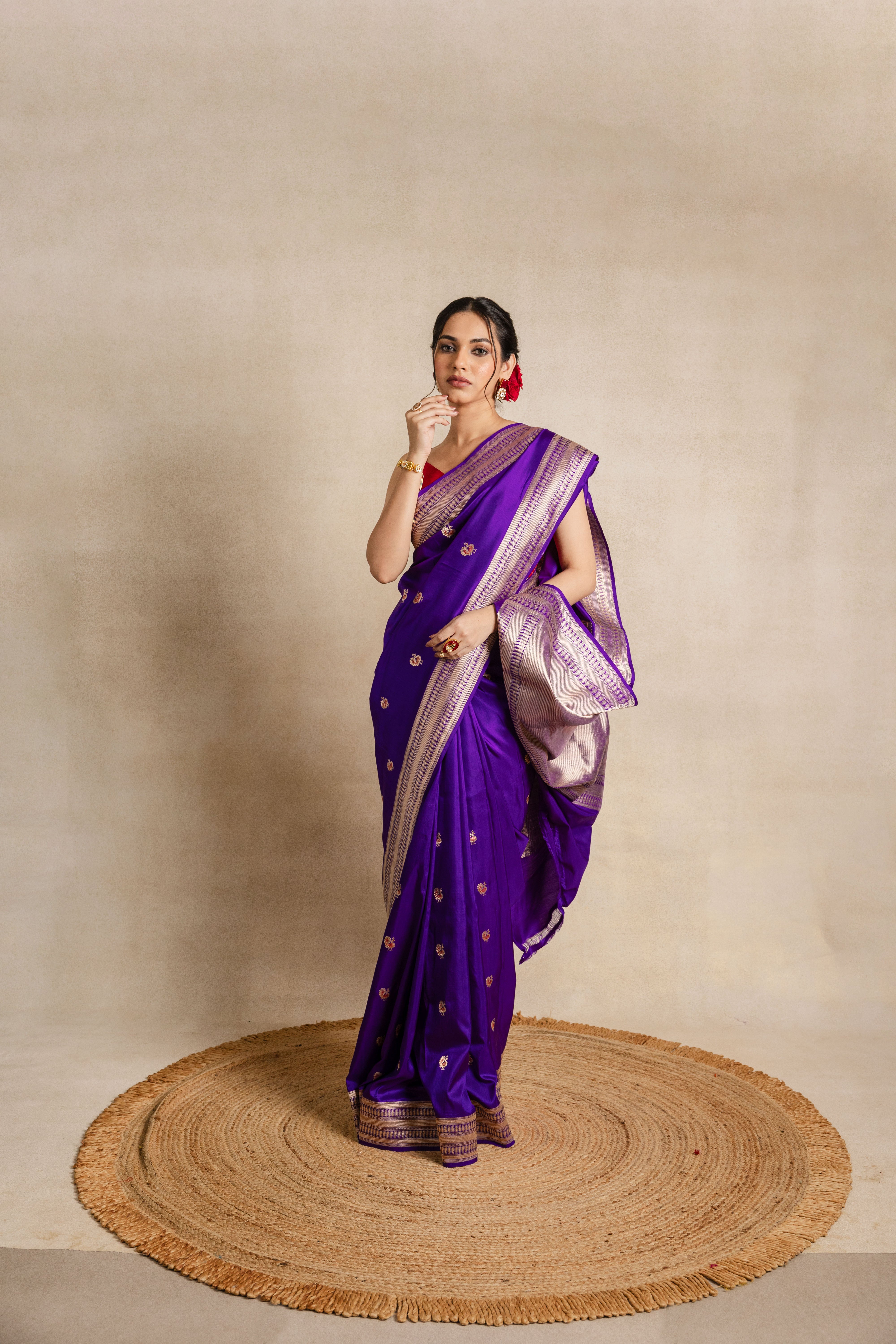 Purple Mor Booti Katan Silk Iktara Saree