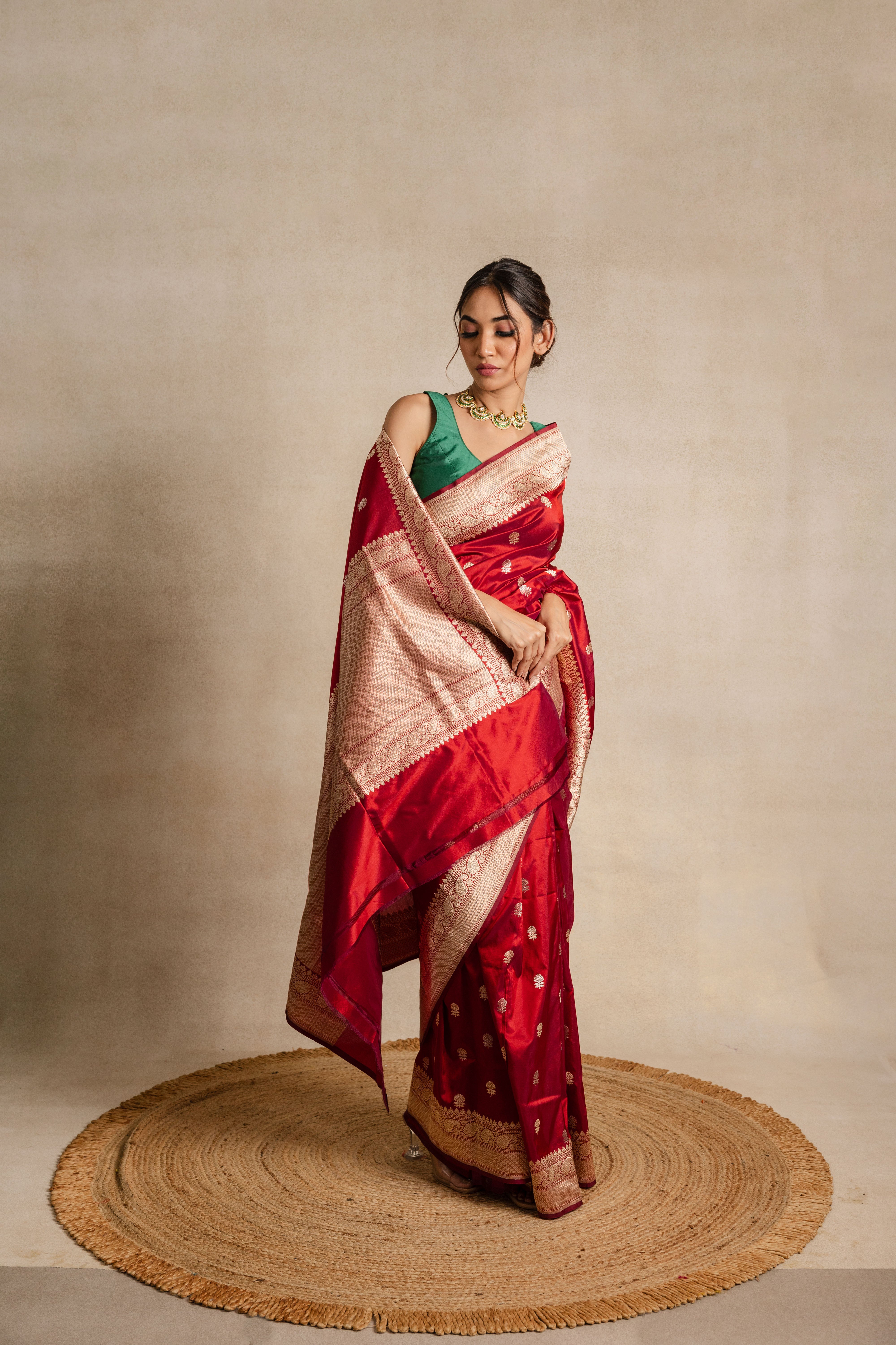 Red Booti Katan Silk Saree