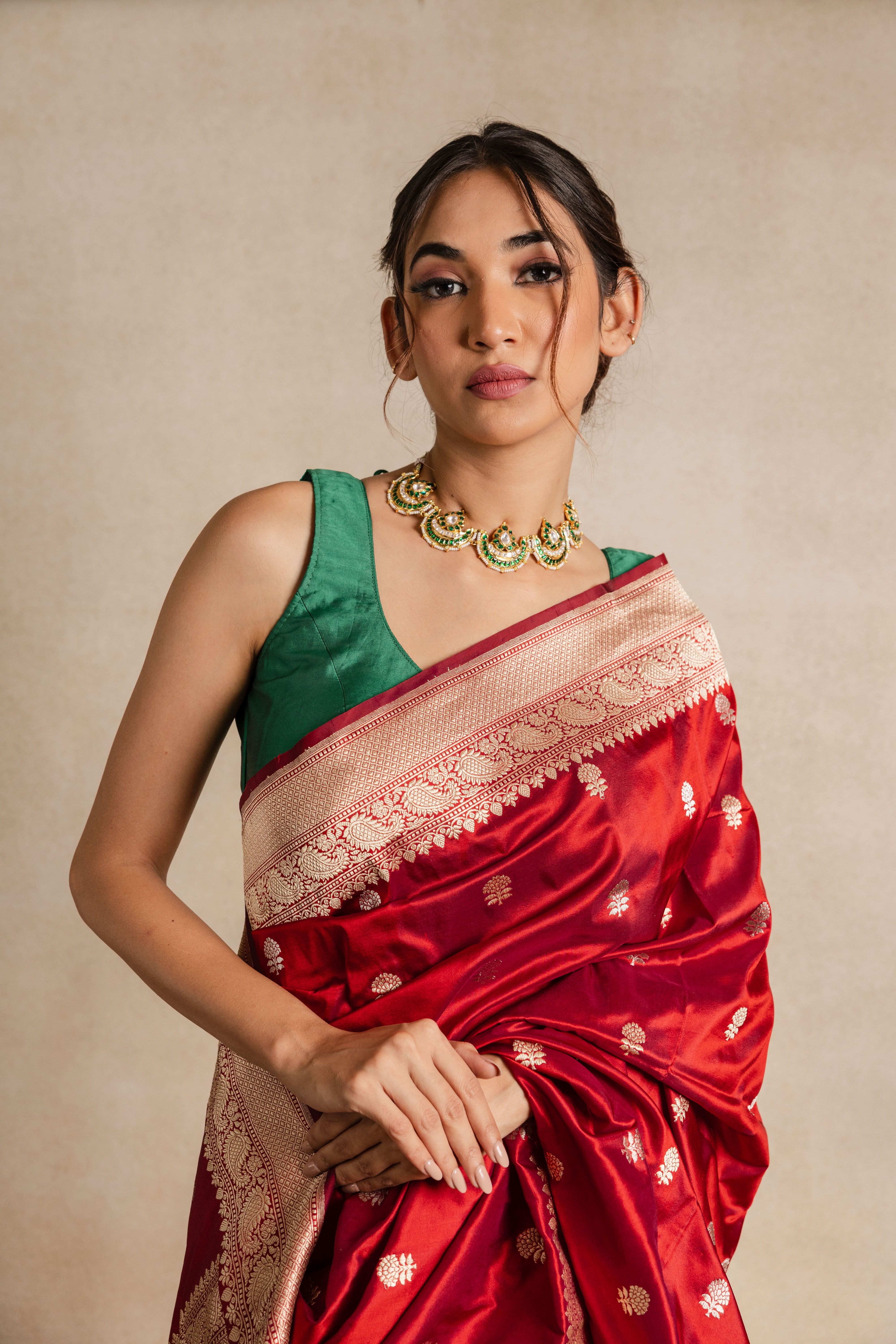 Red Booti Katan Silk Saree