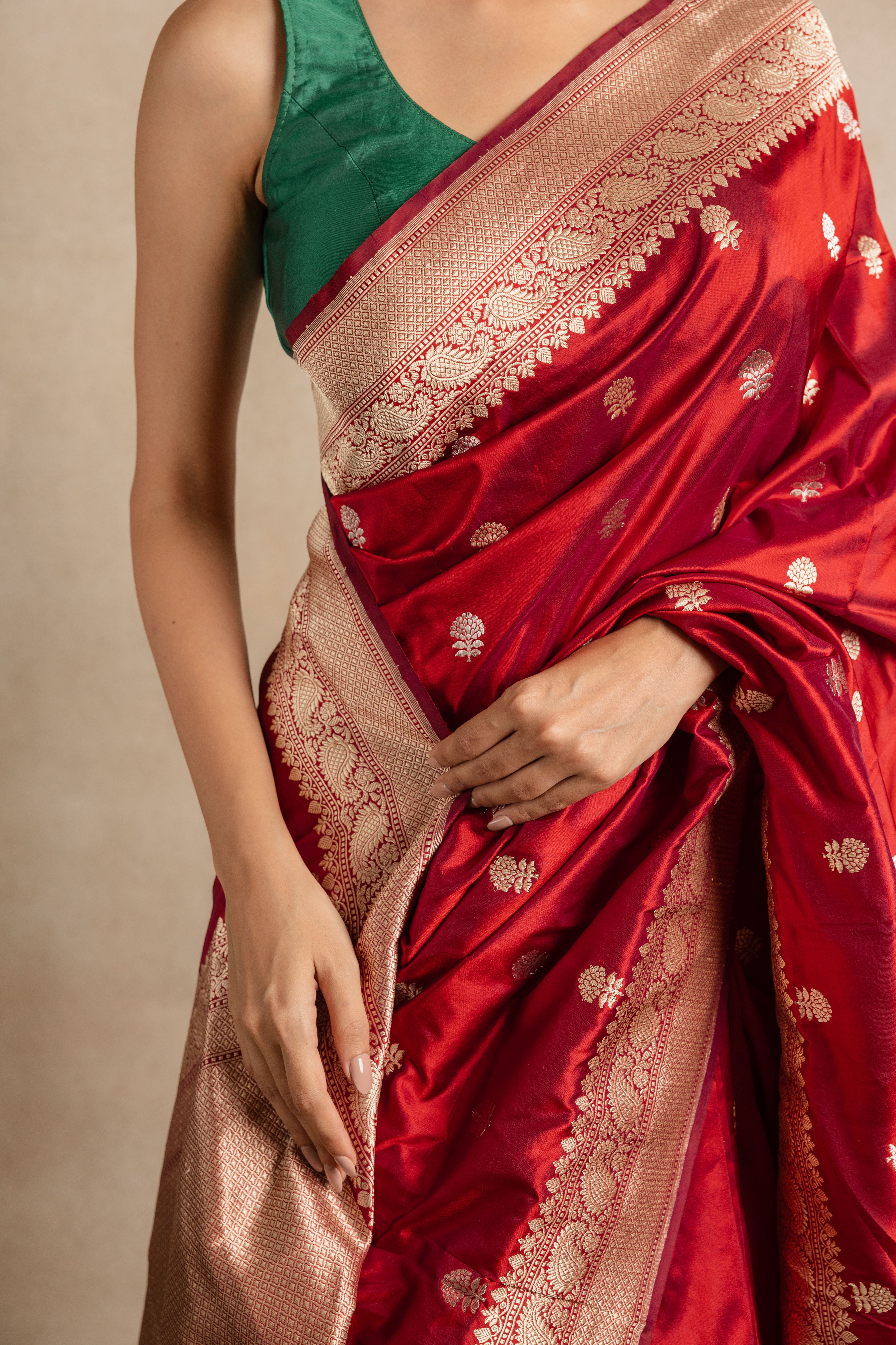 Red Booti Katan Silk Saree