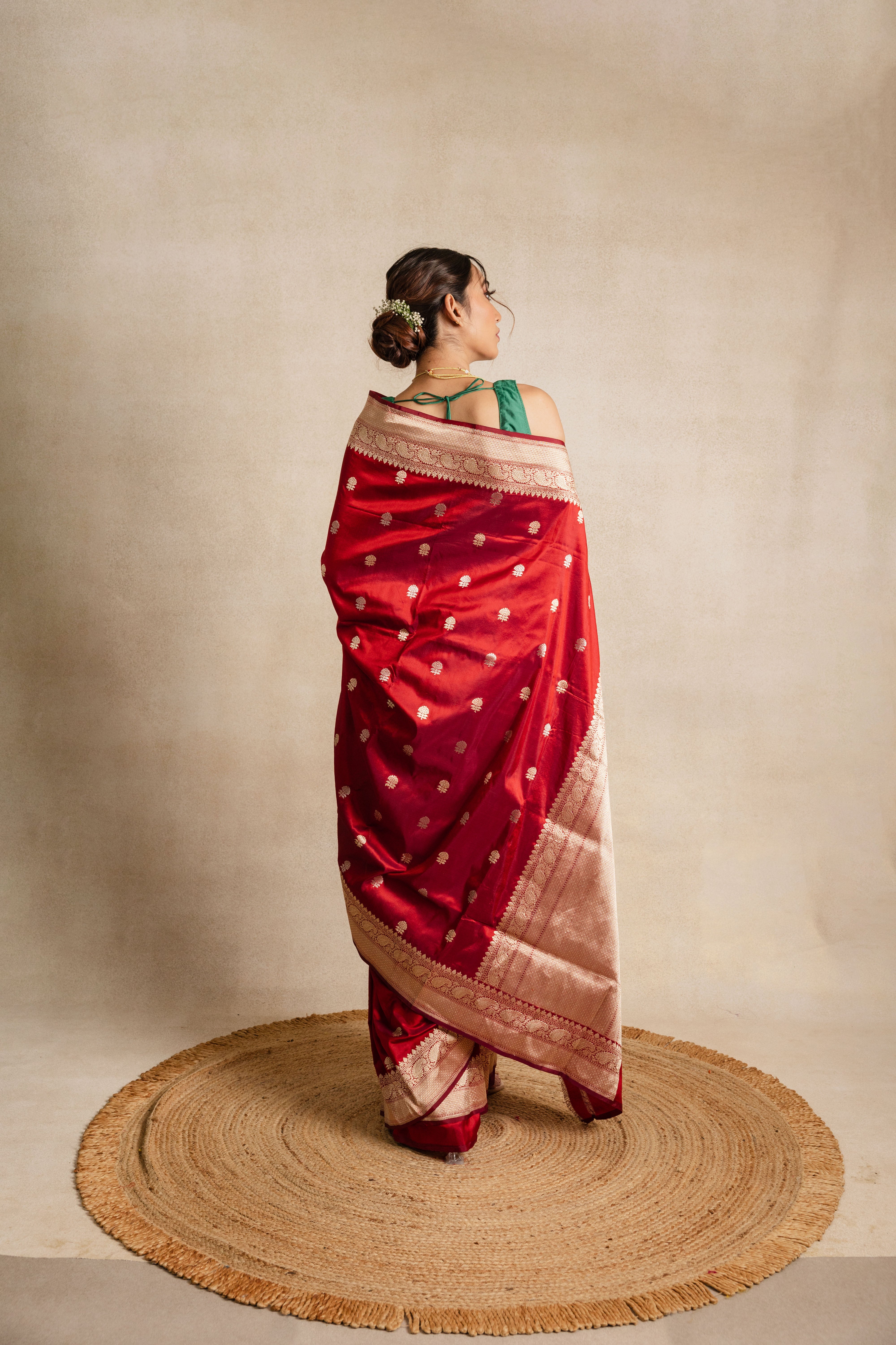 Red Booti Katan Silk Saree