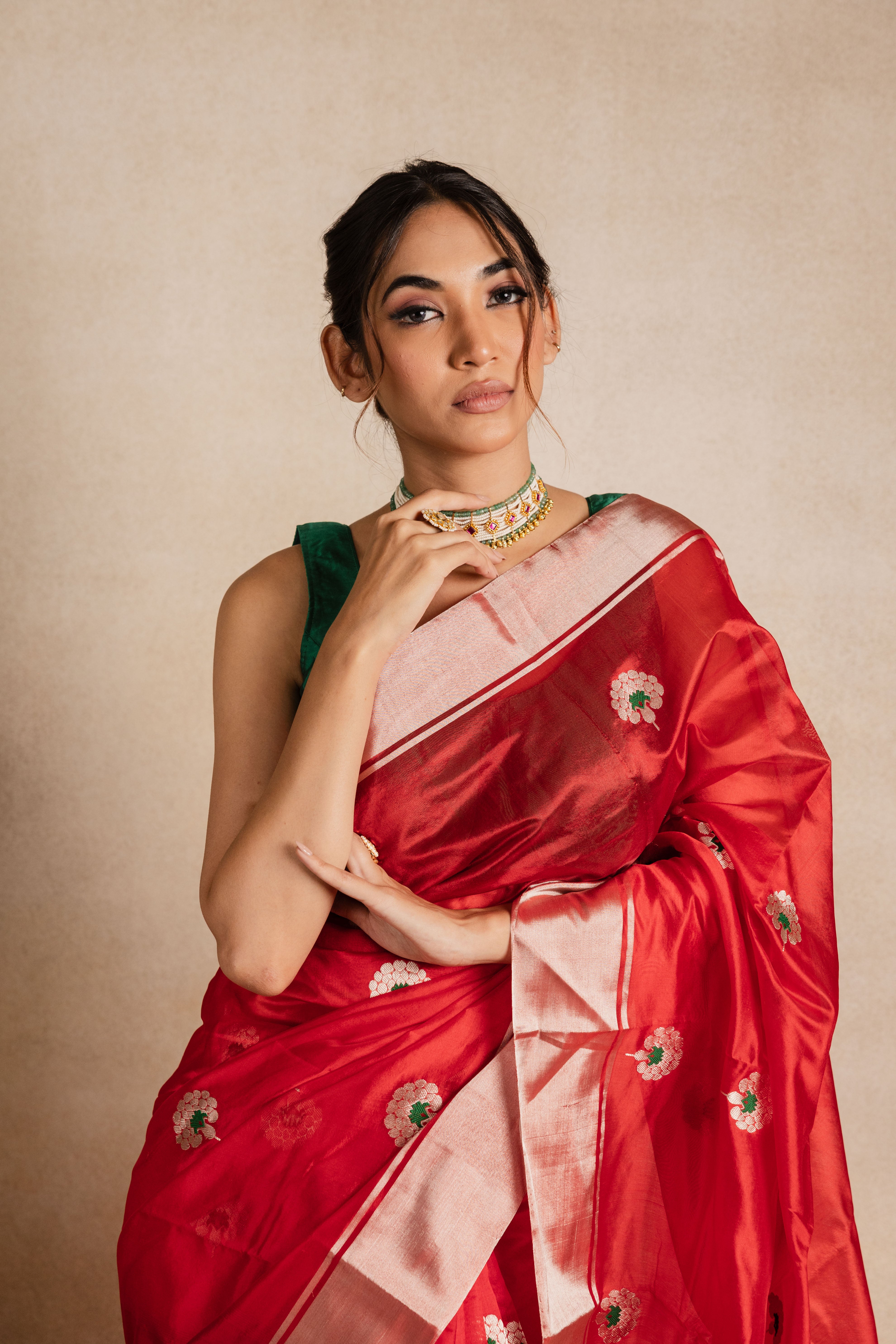 Red Booti Chanderi Silk Saree