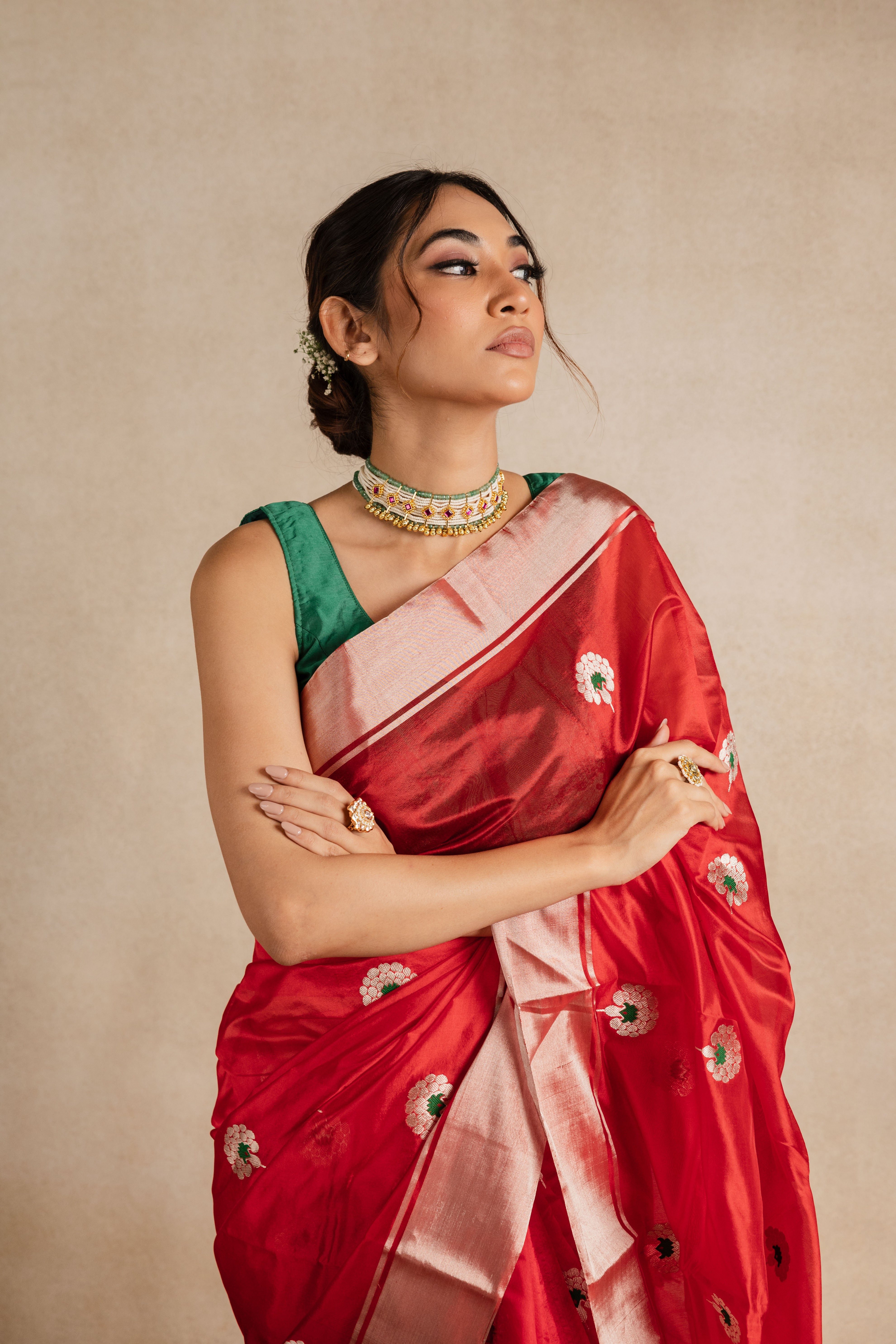 Red Booti Chanderi Silk Saree