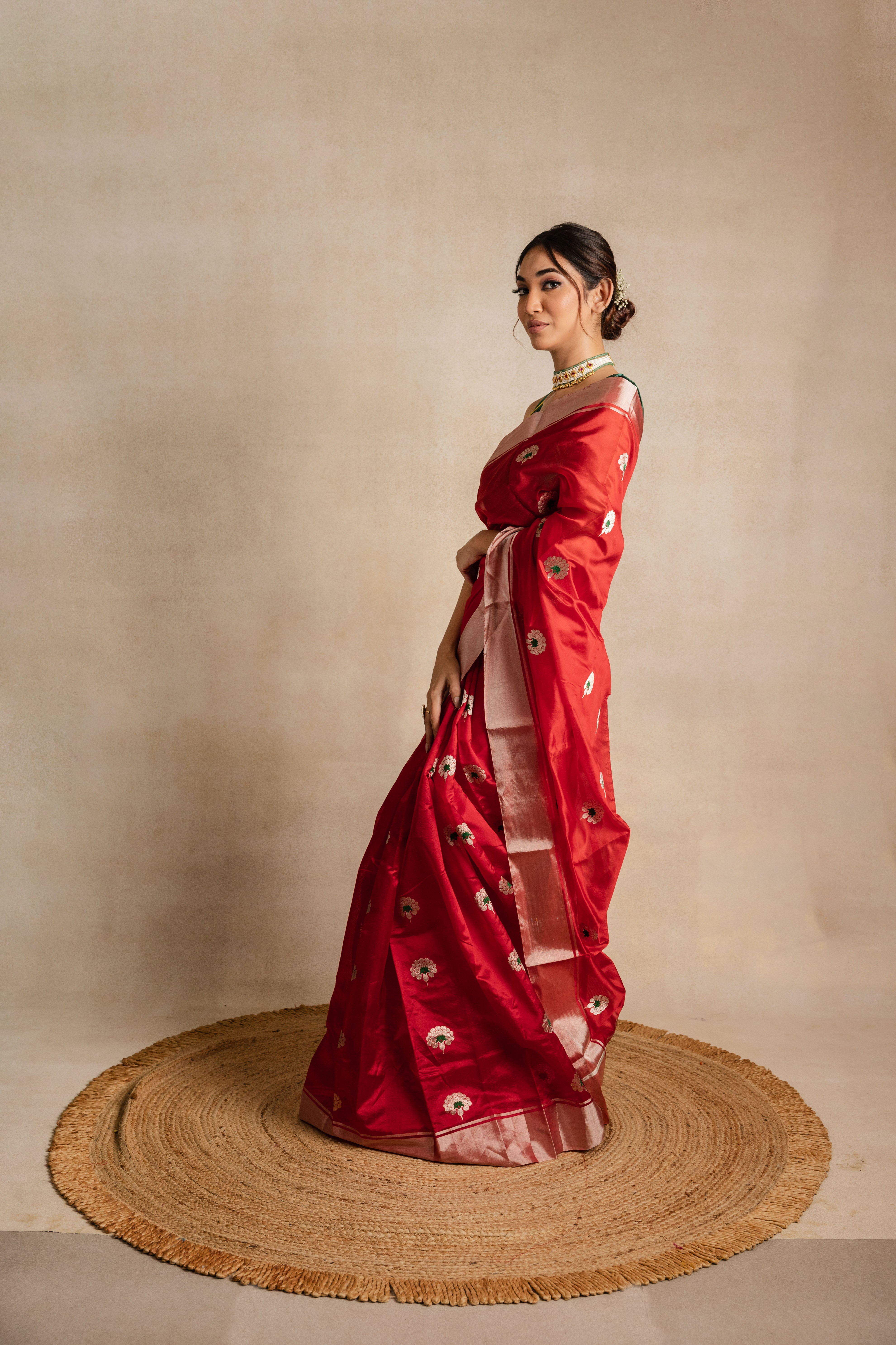 Red Booti Chanderi Silk Saree